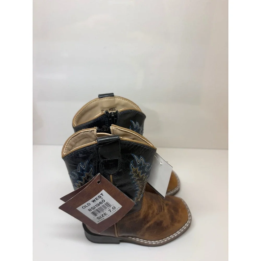 Old West Toddler Boys Brown Black Leather Square Toe Cowboy Boots BSI1960 Sz 7D
